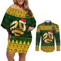 Personalised Australia Matildas Christmas Couples Matching Off Shoulder Short Dress and Long Sleeve Button Shirts Merry Xmas 2023 National Color - Wonder Print Shop