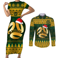 Personalised Australia Matildas Christmas Couples Matching Short Sleeve Bodycon Dress and Long Sleeve Button Shirts Merry Xmas 2023 National Color - Wonder Print Shop