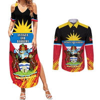 Personalised Antigua And Barbuda Independence Day Couples Matching Summer Maxi Dress and Long Sleeve Button Shirts 42nd Anniversary Flag Style - Wonder Print Shop