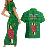 Dominica Independence Day Couples Matching Short Sleeve Bodycon Dress and Hawaiian Shirt Dominik Sisserou Parrot With Madras Pattern - Wonder Print Shop
