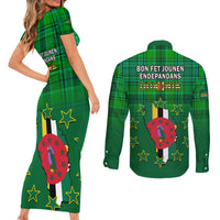 Dominica Independence Day Couples Matching Short Sleeve Bodycon Dress and Long Sleeve Button Shirts Dominik Sisserou Parrot With Madras Pattern - Wonder Print Shop