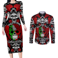 Mexico Day Of The Dead Couples Matching Long Sleeve Bodycon Dress and Long Sleeve Button Shirts Mexican Sugar Skull Dia de los Muertos - Wonder Print Shop