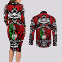 Mexico Day Of The Dead Couples Matching Long Sleeve Bodycon Dress and Long Sleeve Button Shirts Mexican Sugar Skull Dia de los Muertos - Wonder Print Shop
