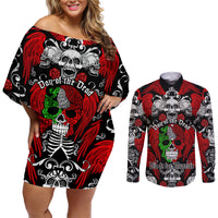 Mexico Day Of The Dead Couples Matching Off Shoulder Short Dress and Long Sleeve Button Shirts Mexican Sugar Skull Dia de los Muertos - Wonder Print Shop