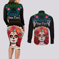 Personalised Mexico Day Of The Dead Couples Matching Long Sleeve Bodycon Dress and Long Sleeve Button Shirts Mexican La Catrina Dia de los Muertos - Wonder Print Shop