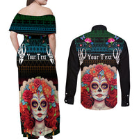 Personalised Mexico Day Of The Dead Couples Matching Off Shoulder Maxi Dress and Long Sleeve Button Shirts Mexican La Catrina Dia de los Muertos - Wonder Print Shop