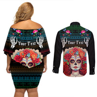 Personalised Mexico Day Of The Dead Couples Matching Off Shoulder Short Dress and Long Sleeve Button Shirts Mexican La Catrina Dia de los Muertos - Wonder Print Shop