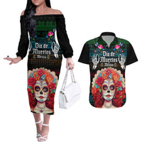 Personalised Mexico Day Of The Dead Couples Matching Off The Shoulder Long Sleeve Dress and Hawaiian Shirt Mexican La Catrina Dia de los Muertos - Wonder Print Shop
