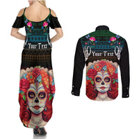 Personalised Mexico Day Of The Dead Couples Matching Summer Maxi Dress and Long Sleeve Button Shirts Mexican La Catrina Dia de los Muertos - Wonder Print Shop