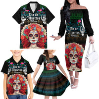 Personalised Mexico Day Of The Dead Family Matching Off Shoulder Long Sleeve Dress and Hawaiian Shirt Mexican La Catrina Dia de los Muertos - Wonder Print Shop