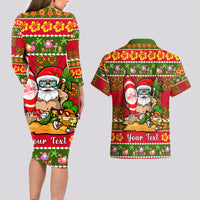 Personalised Hawaii Surfing Santa Christmas Couples Matching Long Sleeve Bodycon Dress and Hawaiian Shirt Tropical Pineapple Mele Kalikimaka Quilt Pattern - Wonder Print Shop