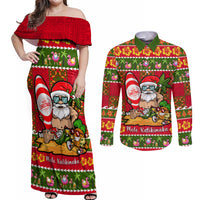 Personalised Hawaii Surfing Santa Christmas Couples Matching Off Shoulder Maxi Dress and Long Sleeve Button Shirt Tropical Pineapple Mele Kalikimaka Quilt Pattern - Wonder Print Shop