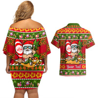 Personalised Hawaii Surfing Santa Christmas Couples Matching Off Shoulder Short Dress and Hawaiian Shirt Tropical Pineapple Mele Kalikimaka Quilt Pattern - Wonder Print Shop