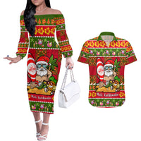 Personalised Hawaii Surfing Santa Christmas Couples Matching Off The Shoulder Long Sleeve Dress and Hawaiian Shirt Tropical Pineapple Mele Kalikimaka Quilt Pattern - Wonder Print Shop