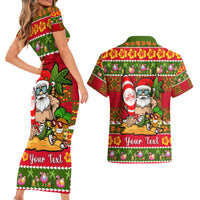Personalised Hawaii Surfing Santa Christmas Couples Matching Short Sleeve Bodycon Dress and Hawaiian Shirt Tropical Pineapple Mele Kalikimaka Quilt Pattern - Wonder Print Shop