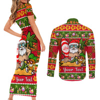 Personalised Hawaii Surfing Santa Christmas Couples Matching Short Sleeve Bodycon Dress and Long Sleeve Button Shirt Tropical Pineapple Mele Kalikimaka Quilt Pattern - Wonder Print Shop