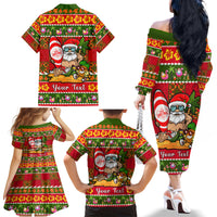Personalised Hawaii Surfing Santa Christmas Family Matching Off Shoulder Long Sleeve Dress and Hawaiian Shirt Tropical Pineapple Mele Kalikimaka Quilt Pattern - Wonder Print Shop