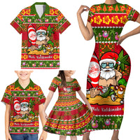 Personalised Hawaii Surfing Santa Christmas Family Matching Short Sleeve Bodycon Dress and Hawaiian Shirt Tropical Pineapple Mele Kalikimaka Quilt Pattern - Wonder Print Shop