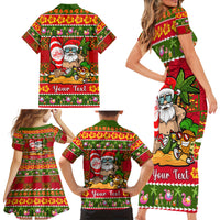 Personalised Hawaii Surfing Santa Christmas Family Matching Short Sleeve Bodycon Dress and Hawaiian Shirt Tropical Pineapple Mele Kalikimaka Quilt Pattern - Wonder Print Shop