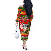Personalised Hawaii Surfing Santa Christmas Off The Shoulder Long Sleeve Dress Tropical Pineapple Mele Kalikimaka Quilt Pattern - Wonder Print Shop