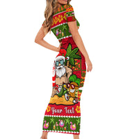 Personalised Hawaii Surfing Santa Christmas Short Sleeve Bodycon Dress Tropical Pineapple Mele Kalikimaka Quilt Pattern - Wonder Print Shop