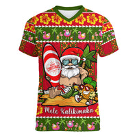 Personalised Hawaii Surfing Santa Christmas Women V Neck T Shirt Tropical Pineapple Mele Kalikimaka Quilt Pattern - Wonder Print Shop