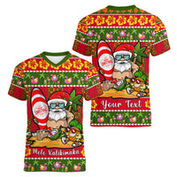 Personalised Hawaii Surfing Santa Christmas Women V Neck T Shirt Tropical Pineapple Mele Kalikimaka Quilt Pattern - Wonder Print Shop
