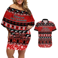 Personalised New Zealand Christmas Couples Matching Off Shoulder Short Dress and Hawaiian Shirt Aotearoa Kiwi Meri Kirihimete Red Version - Wonder Print Shop