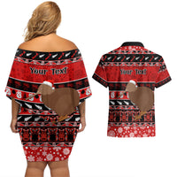 Personalised New Zealand Christmas Couples Matching Off Shoulder Short Dress and Hawaiian Shirt Aotearoa Kiwi Meri Kirihimete Red Version - Wonder Print Shop