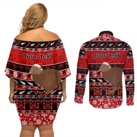 Personalised New Zealand Christmas Couples Matching Off Shoulder Short Dress and Long Sleeve Button Shirt Aotearoa Kiwi Meri Kirihimete Red Version - Wonder Print Shop