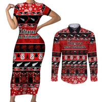 Personalised New Zealand Christmas Couples Matching Short Sleeve Bodycon Dress and Long Sleeve Button Shirt Aotearoa Kiwi Meri Kirihimete Red Version - Wonder Print Shop