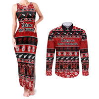 Personalised New Zealand Christmas Couples Matching Tank Maxi Dress and Long Sleeve Button Shirt Aotearoa Kiwi Meri Kirihimete Red Version - Wonder Print Shop
