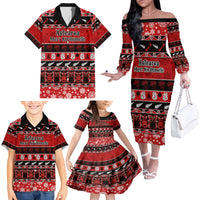 Personalised New Zealand Christmas Family Matching Off Shoulder Long Sleeve Dress and Hawaiian Shirt Aotearoa Kiwi Meri Kirihimete Red Version - Wonder Print Shop