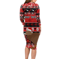Personalised New Zealand Christmas Long Sleeve Bodycon Dress Aotearoa Kiwi Meri Kirihimete Red Version - Wonder Print Shop