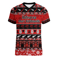 Personalised New Zealand Christmas Women V Neck T Shirt Aotearoa Kiwi Meri Kirihimete Red Version - Wonder Print Shop