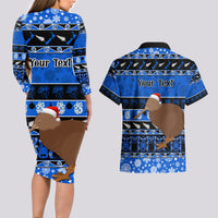 Personalised New Zealand Christmas Couples Matching Long Sleeve Bodycon Dress and Hawaiian Shirt Aotearoa Kiwi Meri Kirihimete Blue Version - Wonder Print Shop