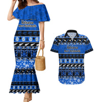 Personalised New Zealand Christmas Couples Matching Mermaid Dress and Hawaiian Shirt Aotearoa Kiwi Meri Kirihimete Blue Version - Wonder Print Shop