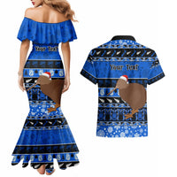 Personalised New Zealand Christmas Couples Matching Mermaid Dress and Hawaiian Shirt Aotearoa Kiwi Meri Kirihimete Blue Version - Wonder Print Shop