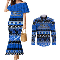 personalised-new-zealand-christmas-couples-matching-mermaid-dress-and-long-sleeve-button-shirt-aotearoa-kiwi-meri-kirihimete-blue-version