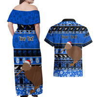 Personalised New Zealand Christmas Couples Matching Off Shoulder Maxi Dress and Hawaiian Shirt Aotearoa Kiwi Meri Kirihimete Blue Version - Wonder Print Shop