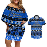 Personalised New Zealand Christmas Couples Matching Off Shoulder Short Dress and Hawaiian Shirt Aotearoa Kiwi Meri Kirihimete Blue Version - Wonder Print Shop