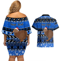 Personalised New Zealand Christmas Couples Matching Off Shoulder Short Dress and Hawaiian Shirt Aotearoa Kiwi Meri Kirihimete Blue Version - Wonder Print Shop