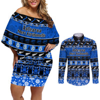 Personalised New Zealand Christmas Couples Matching Off Shoulder Short Dress and Long Sleeve Button Shirt Aotearoa Kiwi Meri Kirihimete Blue Version - Wonder Print Shop