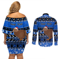 Personalised New Zealand Christmas Couples Matching Off Shoulder Short Dress and Long Sleeve Button Shirt Aotearoa Kiwi Meri Kirihimete Blue Version - Wonder Print Shop