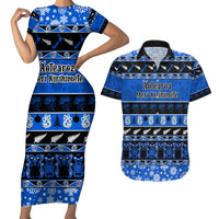 Personalised New Zealand Christmas Couples Matching Short Sleeve Bodycon Dress and Hawaiian Shirt Aotearoa Kiwi Meri Kirihimete Blue Version - Wonder Print Shop