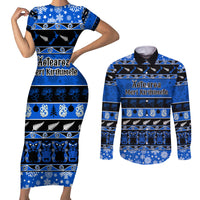 Personalised New Zealand Christmas Couples Matching Short Sleeve Bodycon Dress and Long Sleeve Button Shirt Aotearoa Kiwi Meri Kirihimete Blue Version - Wonder Print Shop
