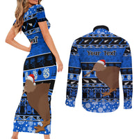 Personalised New Zealand Christmas Couples Matching Short Sleeve Bodycon Dress and Long Sleeve Button Shirt Aotearoa Kiwi Meri Kirihimete Blue Version - Wonder Print Shop