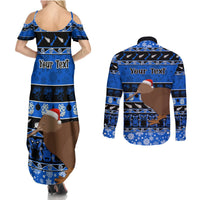 Personalised New Zealand Christmas Couples Matching Summer Maxi Dress and Long Sleeve Button Shirt Aotearoa Kiwi Meri Kirihimete Blue Version - Wonder Print Shop