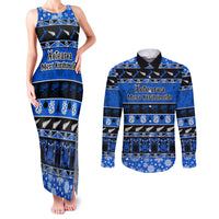 Personalised New Zealand Christmas Couples Matching Tank Maxi Dress and Long Sleeve Button Shirt Aotearoa Kiwi Meri Kirihimete Blue Version - Wonder Print Shop