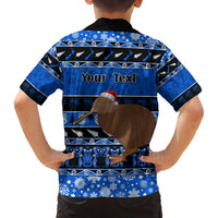 Personalised New Zealand Christmas Family Matching Off Shoulder Long Sleeve Dress and Hawaiian Shirt Aotearoa Kiwi Meri Kirihimete Blue Version - Wonder Print Shop